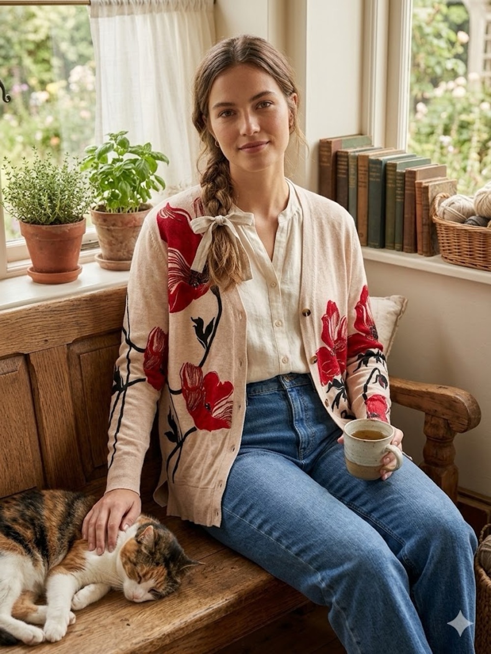 Chico's Beige Cardigan with Red Floral Motif cottage core size 2 lightweight
